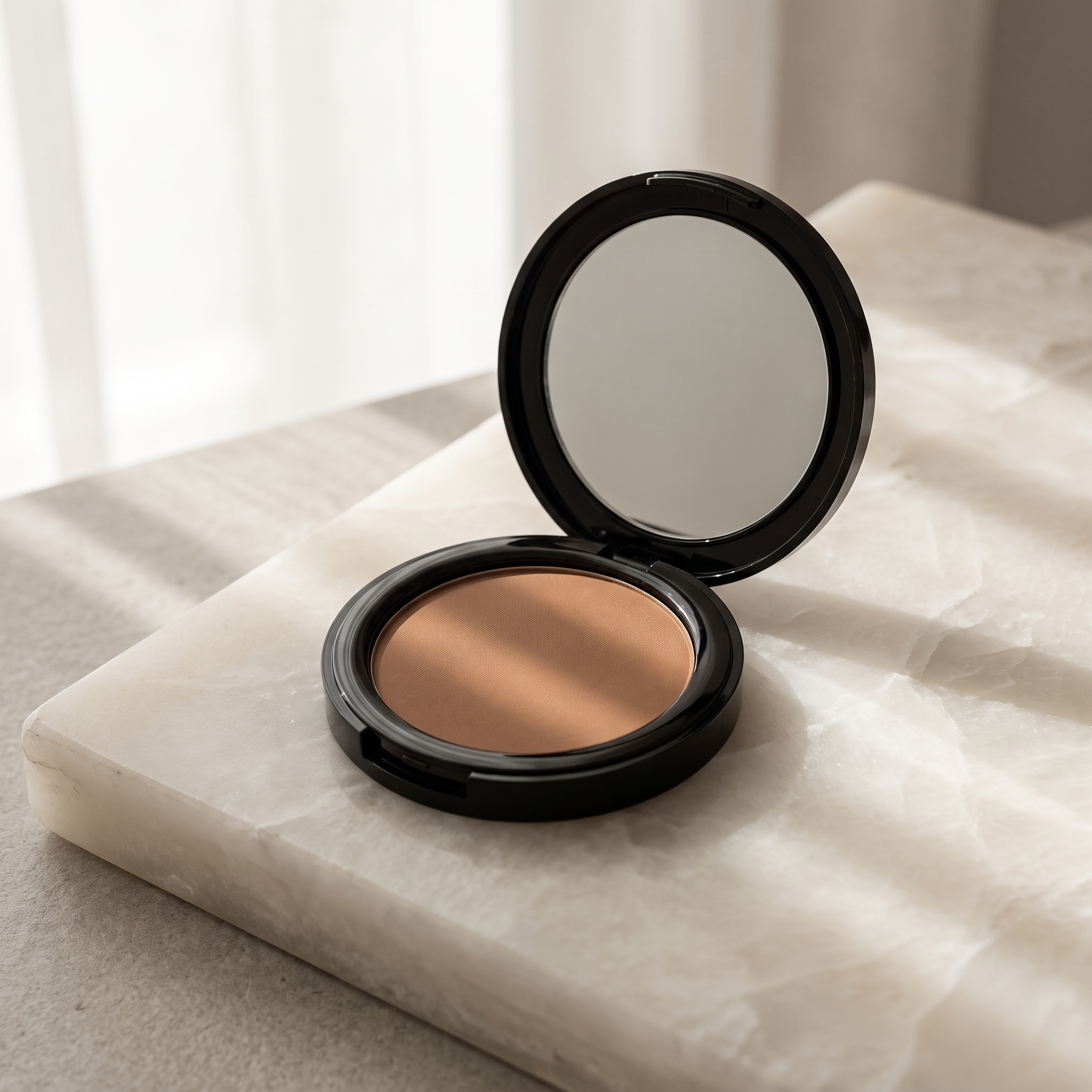 Bronzer de YG Beauty, compacto abierto sobre alabastro