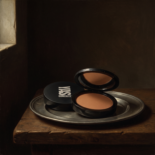 Bronzer de YG Beauty sobre plato de peltre, luz de claroscuro