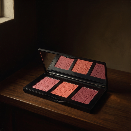 Blush Palette de YG Beauty sobre nogal oscuro, luz de claroscuro