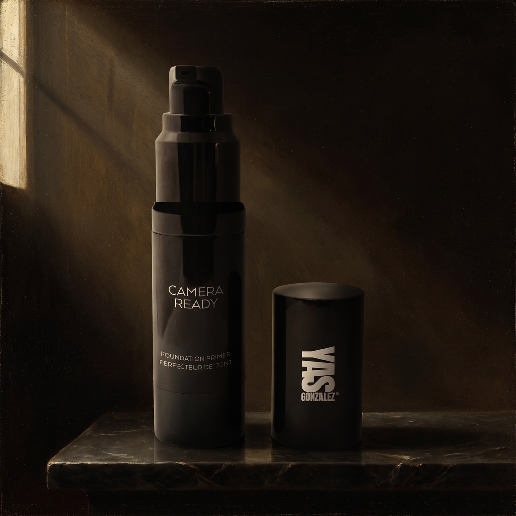 Foundation Primer Camera Ready de YG Beauty sobre mármol oscuro, luz de claroscuro
