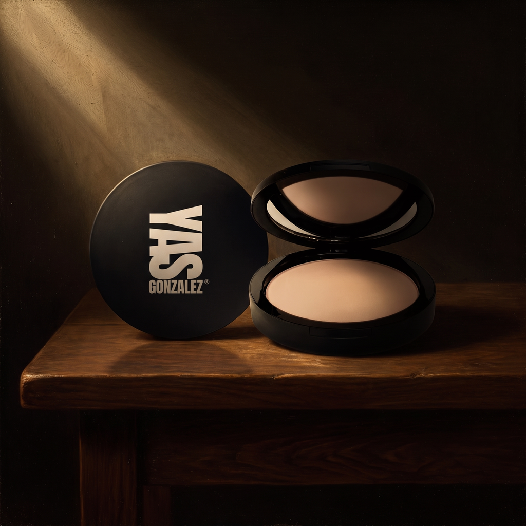Dual Blend Powder Foundation de YG Beauty sobre nogal oscuro, luz de claroscuro