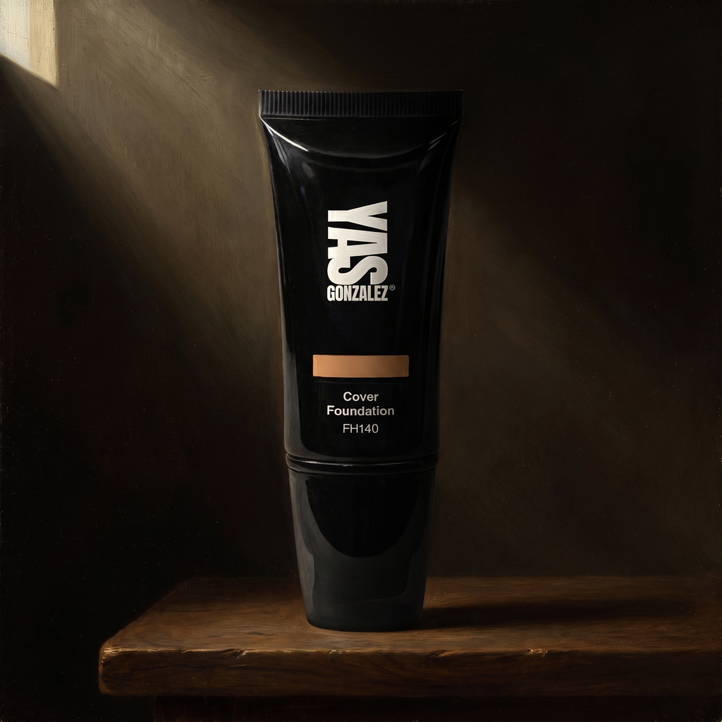 Full Cover Foundation de YG Beauty sobre nogal oscuro, luz de claroscuro