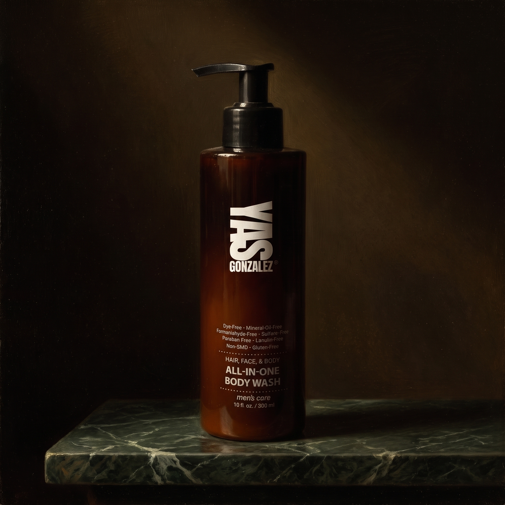 All-in-one Body Wash de YG Beauty sobre mármol verde oscuro, luz de claroscuro