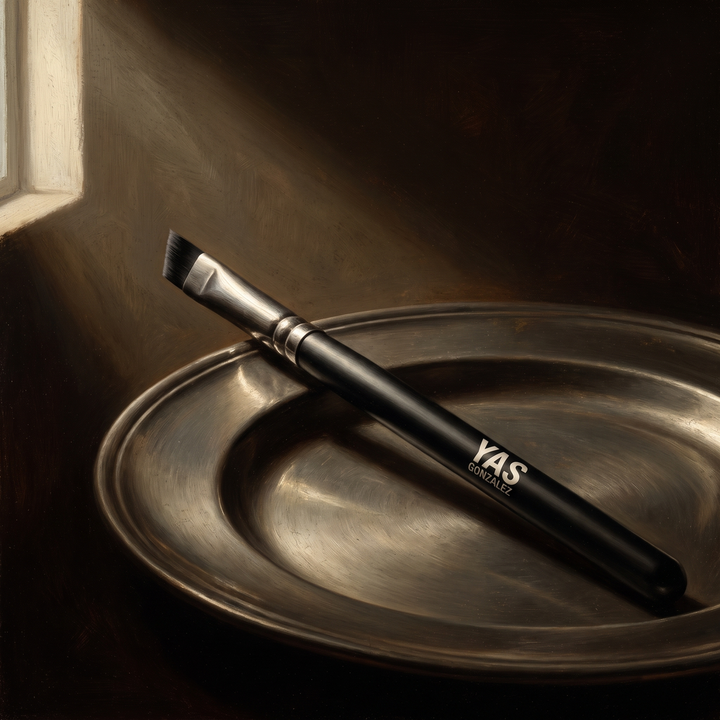 Angled Liner Brush de YG Beauty sobre peltre bruñido, luz de claroscuro
