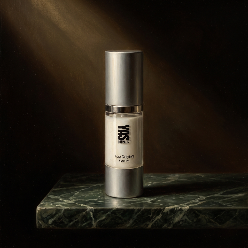 Age Defying Serum de YG Beauty sobre mármol verde oscuro, luz de claroscuro