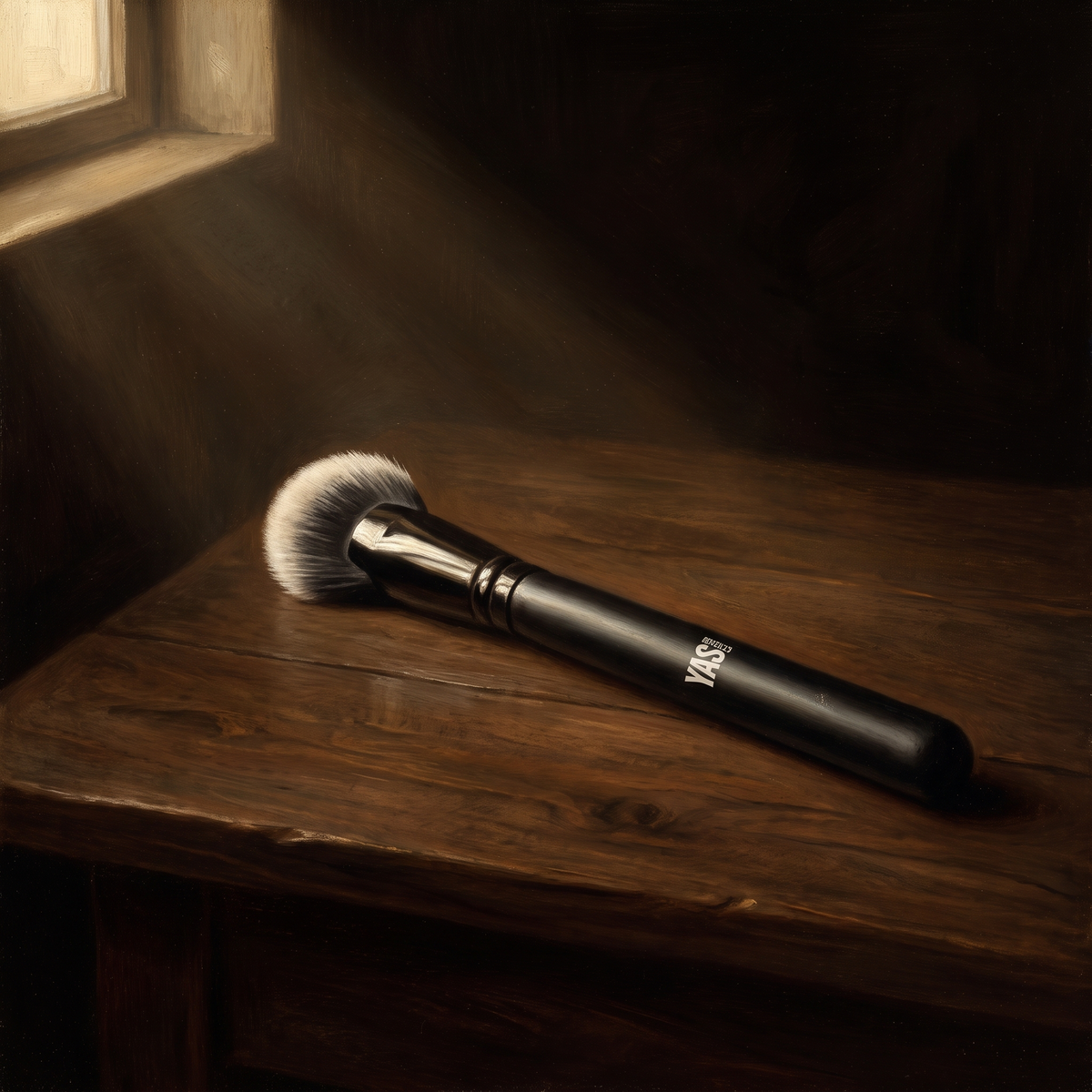 Cheek Fan Brush de YG Beauty sobre nogal oscuro, luz de claroscuro