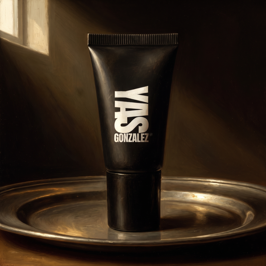 Bronzing Moisturizer de YG Beauty sobre peltre bruñido, luz de claroscuro
