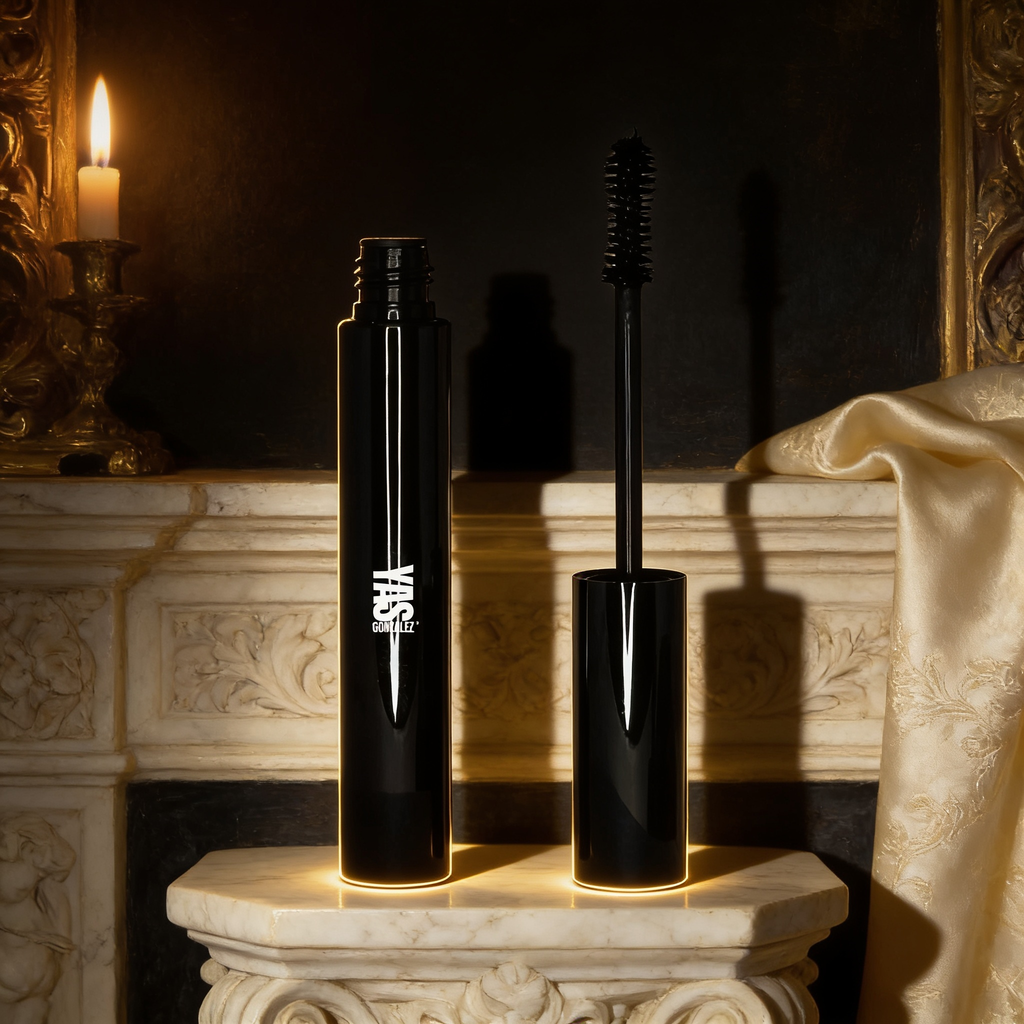 YG Beauty Mascara on an ivory marble plinth, Baroque candlelight