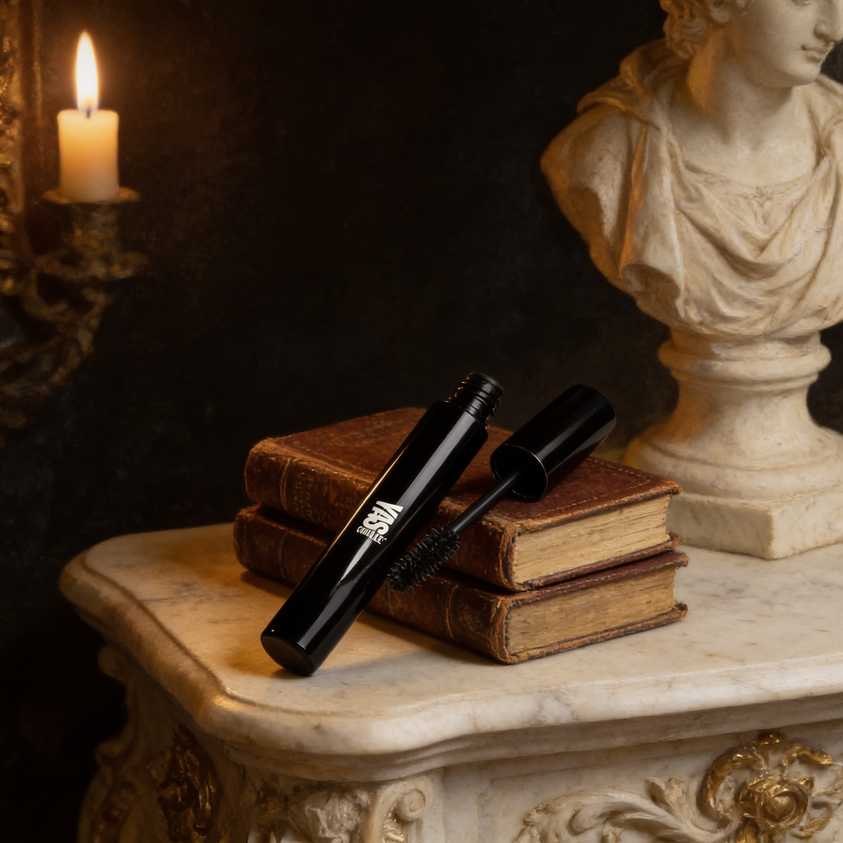 YG Beauty Mascara on antique books, Baroque candlelight