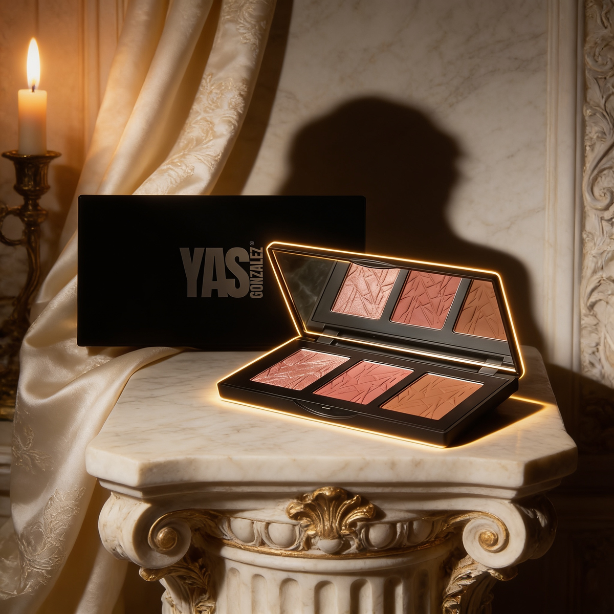 Pro Cheek Palette on an ivory marble plinth, Baroque candlelight