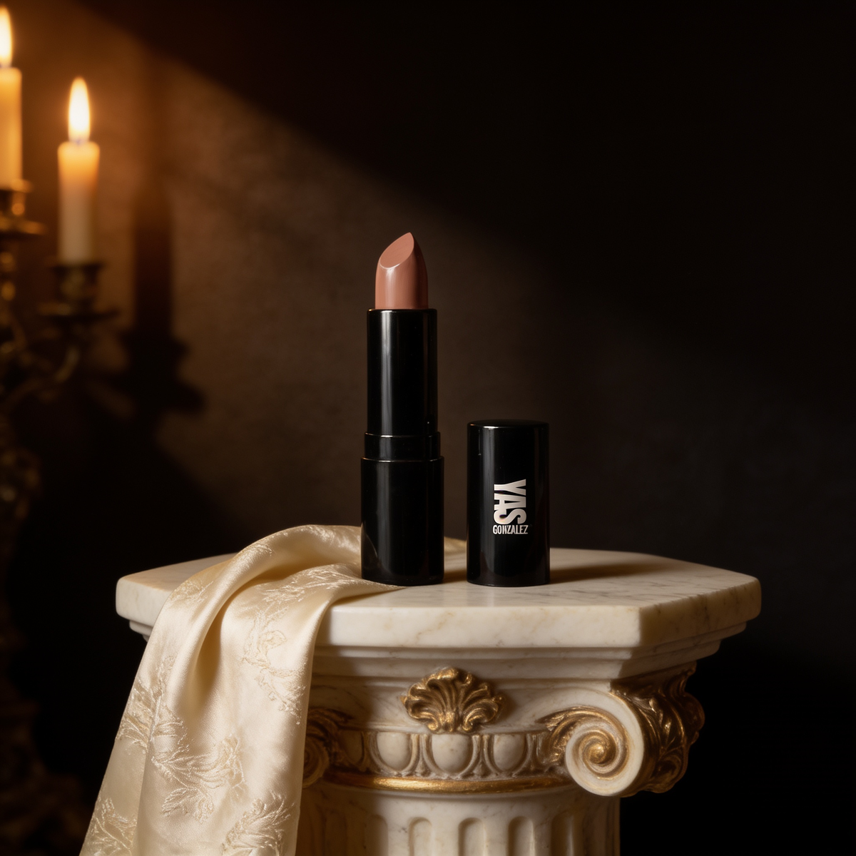 Luxury Cream Lipstick on an ivory marble plinth, Baroque candlelight