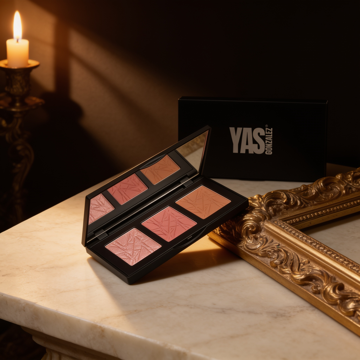 Pro Cheek Palette open beside a gilded frame, YG Beauty editorial