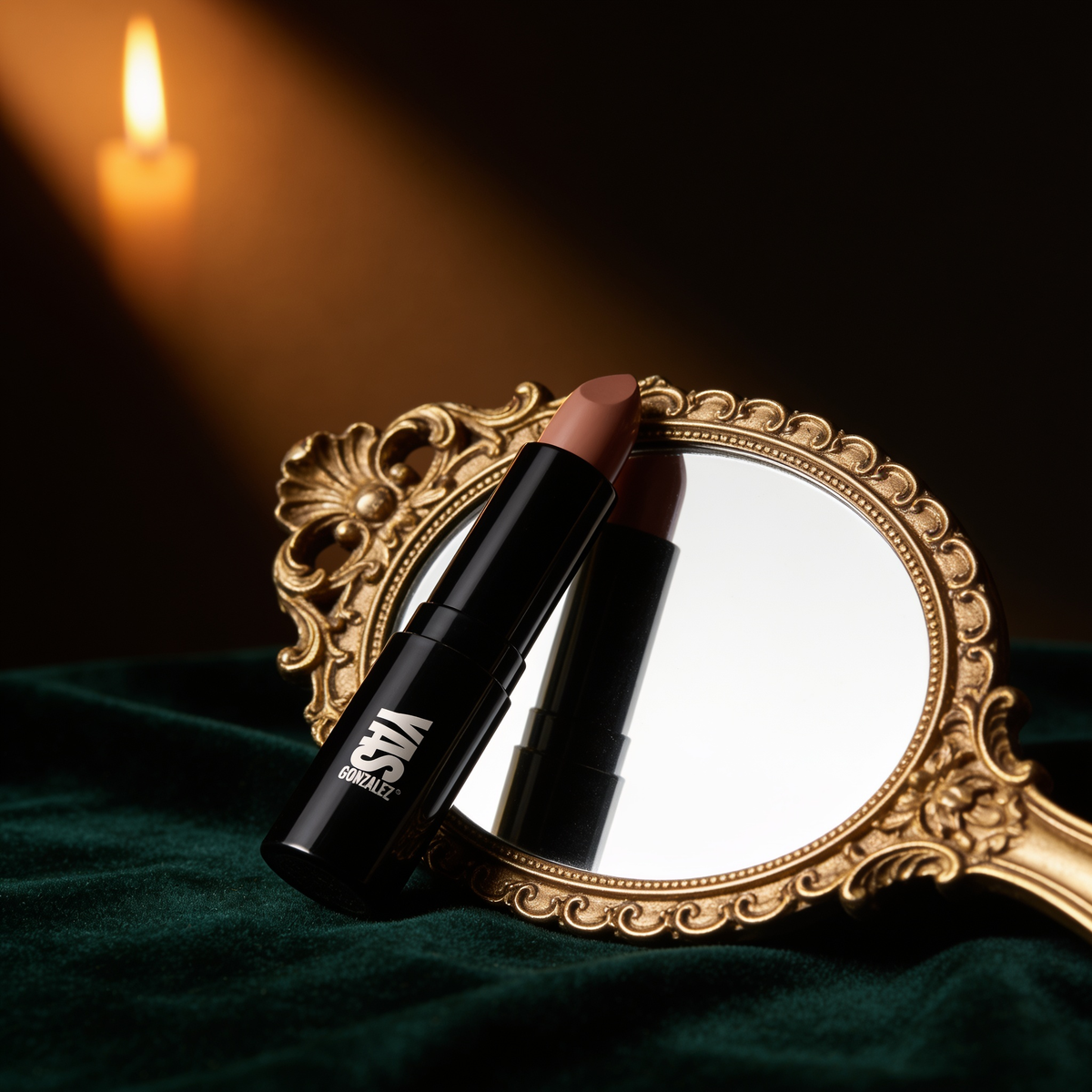 Luxury Cream Lipstick on a gilded hand mirror, YG Beauty editorial
