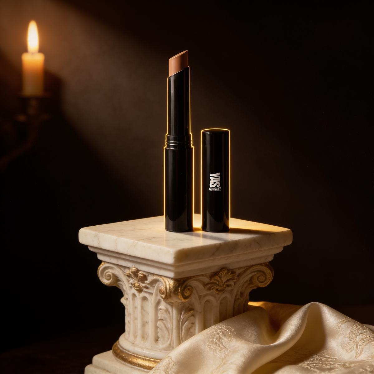 Creme Concealer Stick on an ivory marble plinth, Baroque candlelight