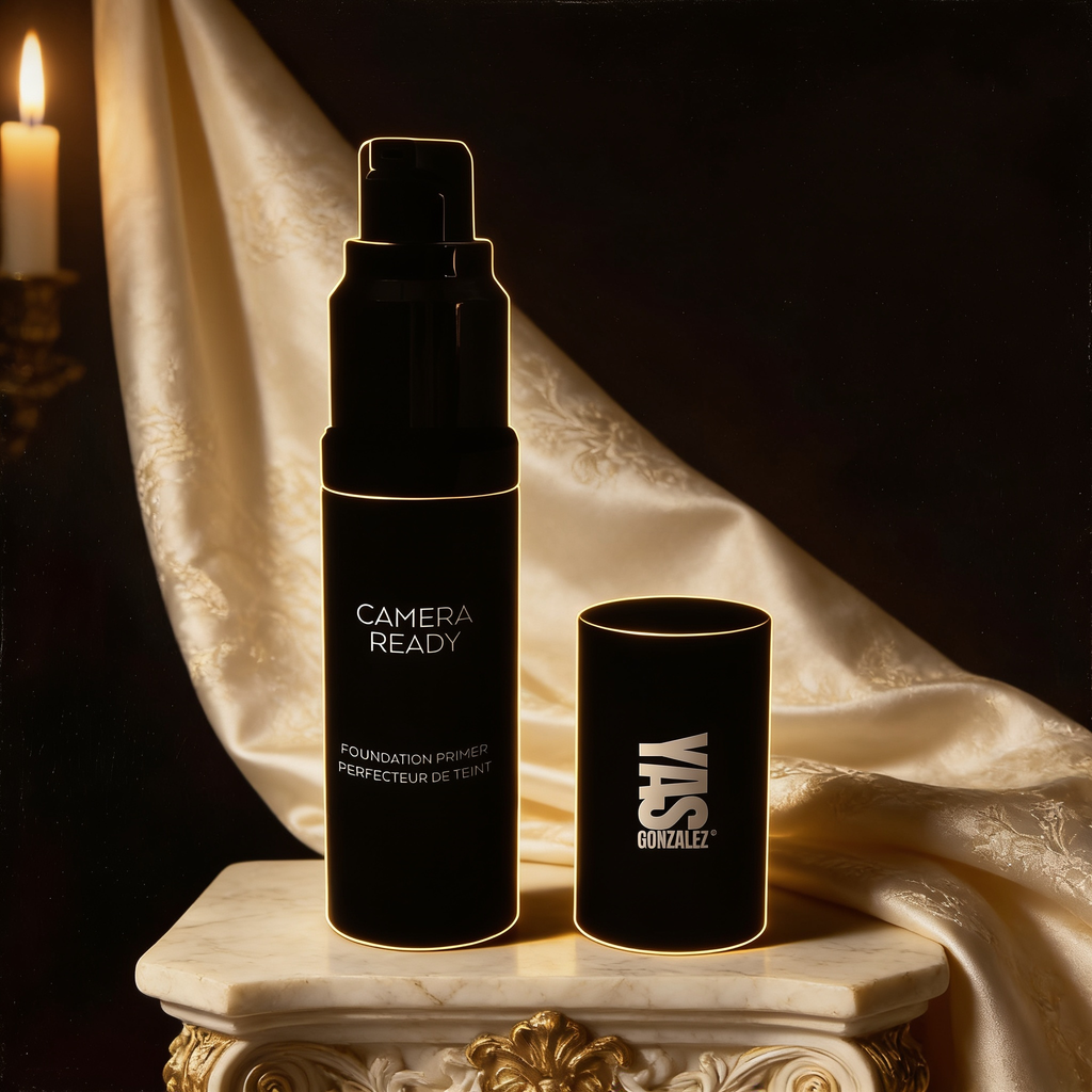 Camera-Ready Primer on an ivory marble plinth, Baroque candlelight