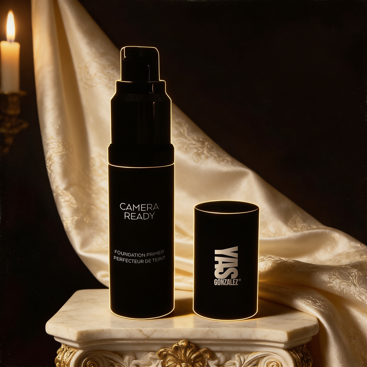 Camera-Ready Primer on an ivory marble plinth, Baroque candlelight