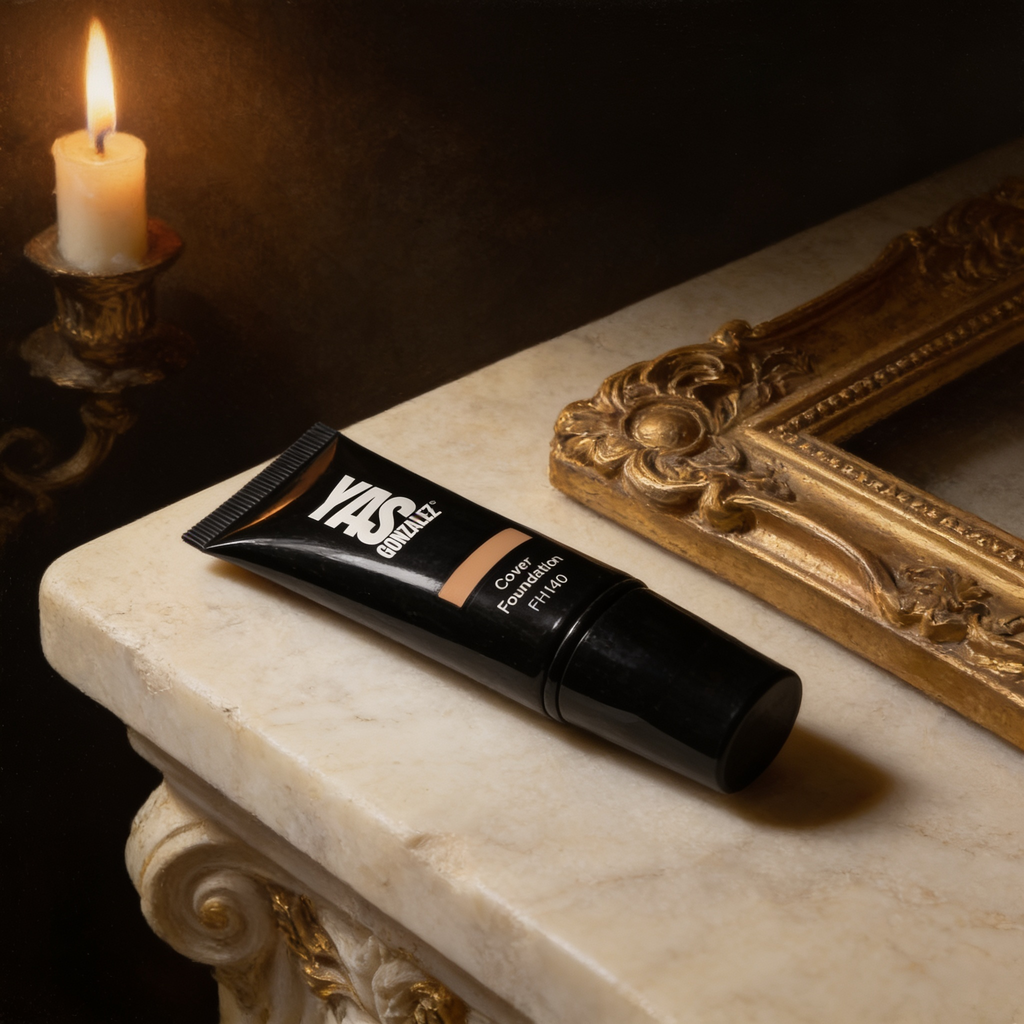 Full Cover Foundation beside a gilded frame, YG Beauty editorial
