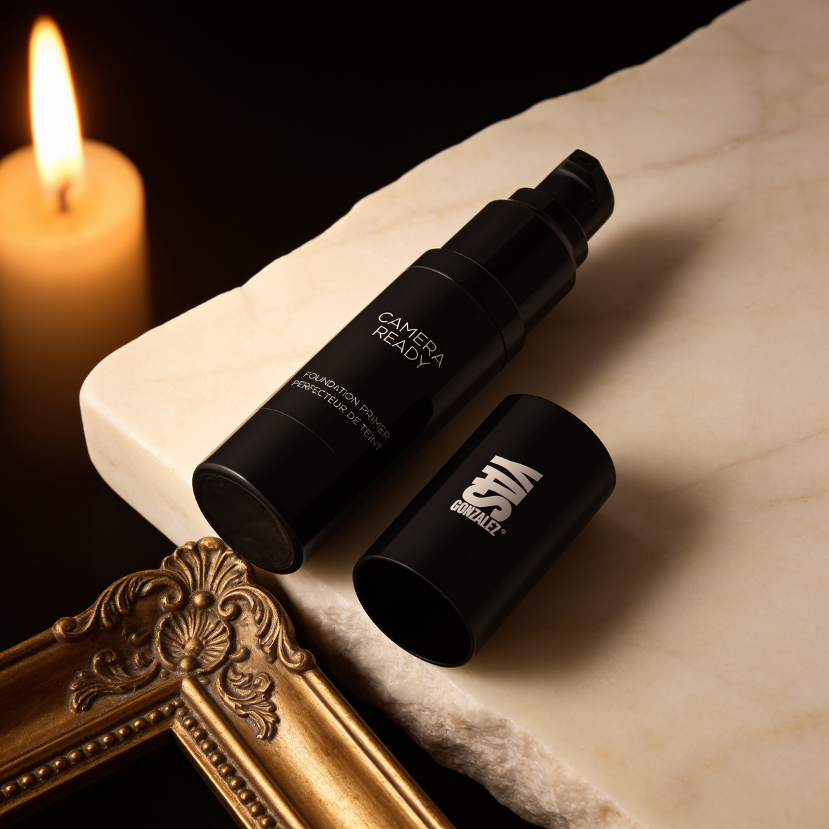 Camera-Ready Primer beside a gilded frame, YG Beauty editorial