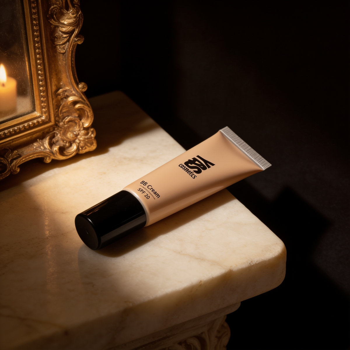 BB Cream on an alabaster slab beside a gilded frame corner