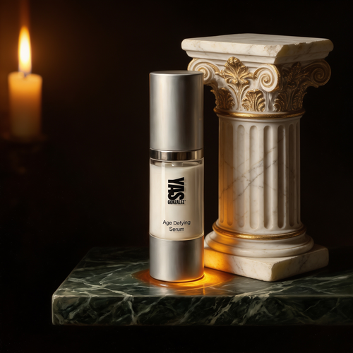 Age Defying Serum beside a marble column fragment, old-master chiaroscuro
