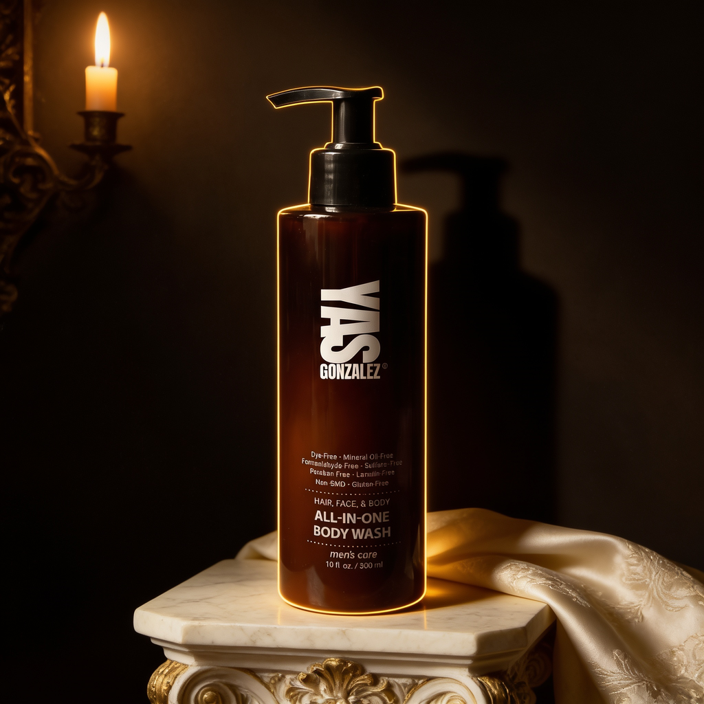 All-in-one Body Wash on an ivory marble plinth in Baroque candlelight