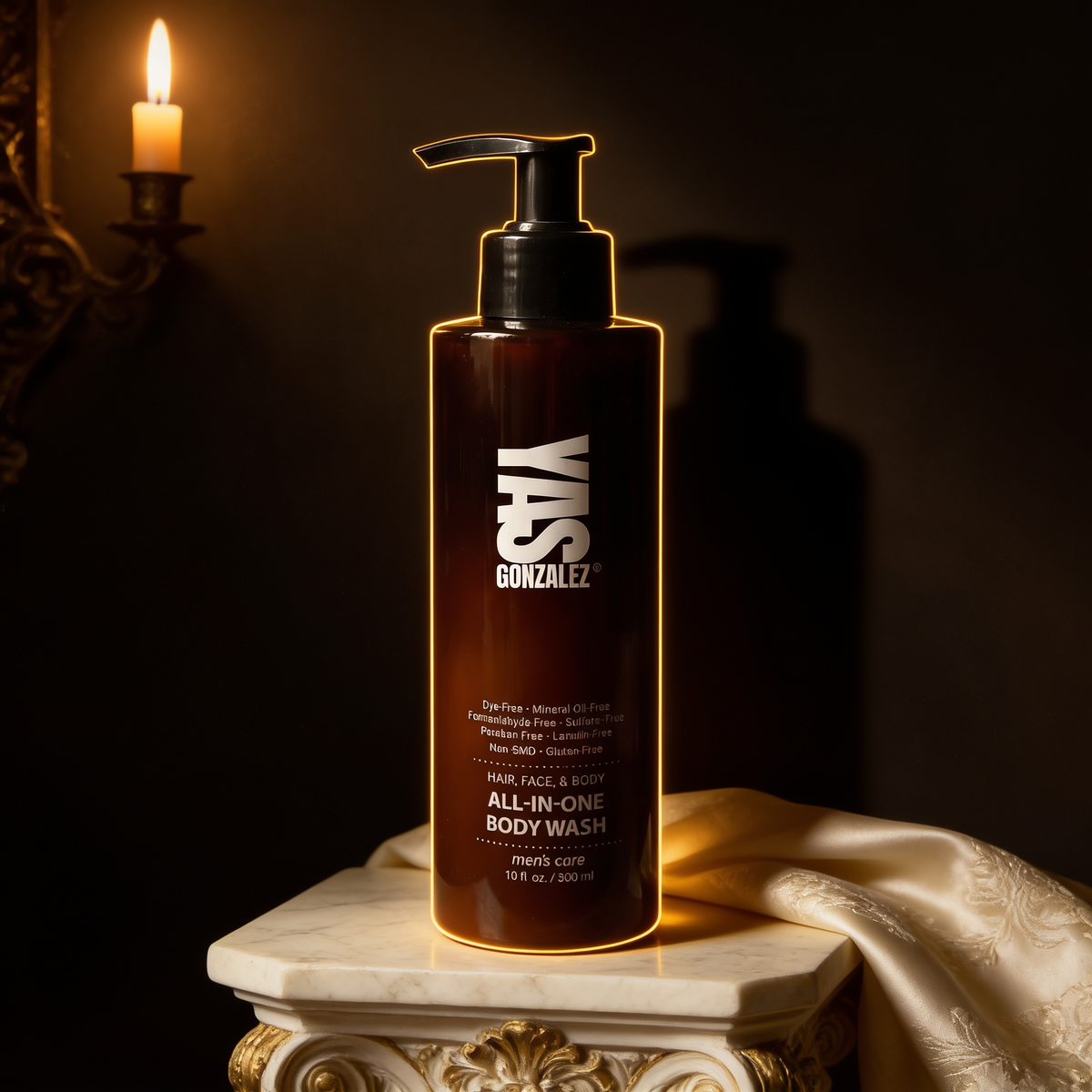 All-in-one Body Wash on an ivory marble plinth in Baroque candlelight