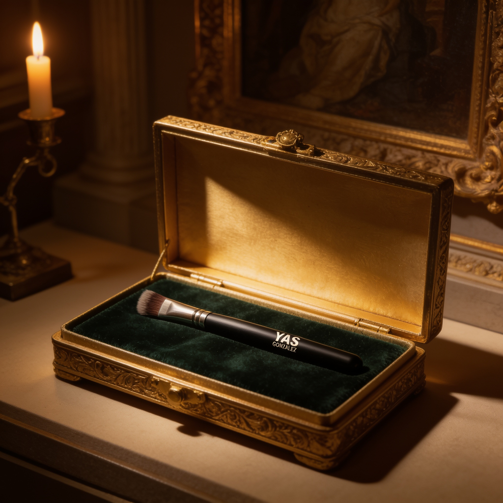 Angled Liner Brush in a gilded presentation box on green velvet