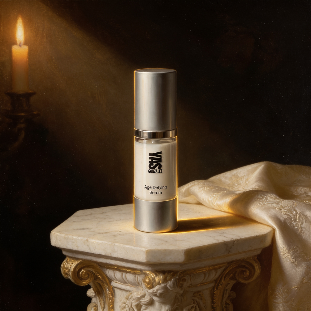Age Defying Serum on an ivory marble plinth in Baroque candlelight