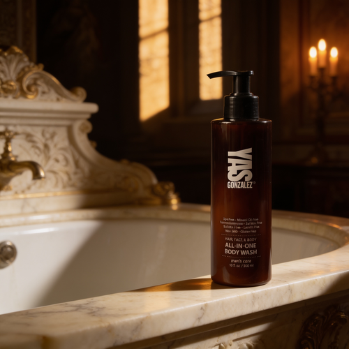 All-in-one Body Wash on a veined marble bath ledge, warm candlelight