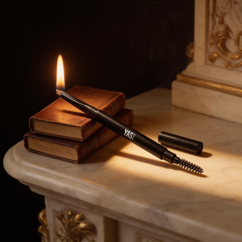 Automatic Eyebrow Pencil resting on antique leather books