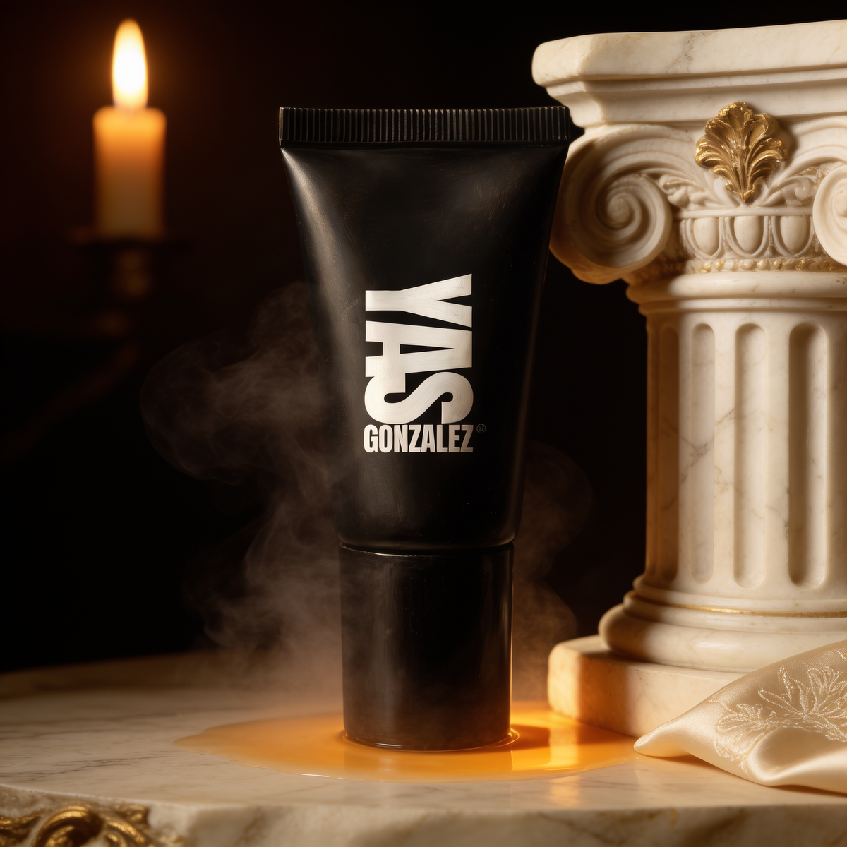 Bronzing Moisturizer beside a marble column fragment, old-master chiaroscuro
