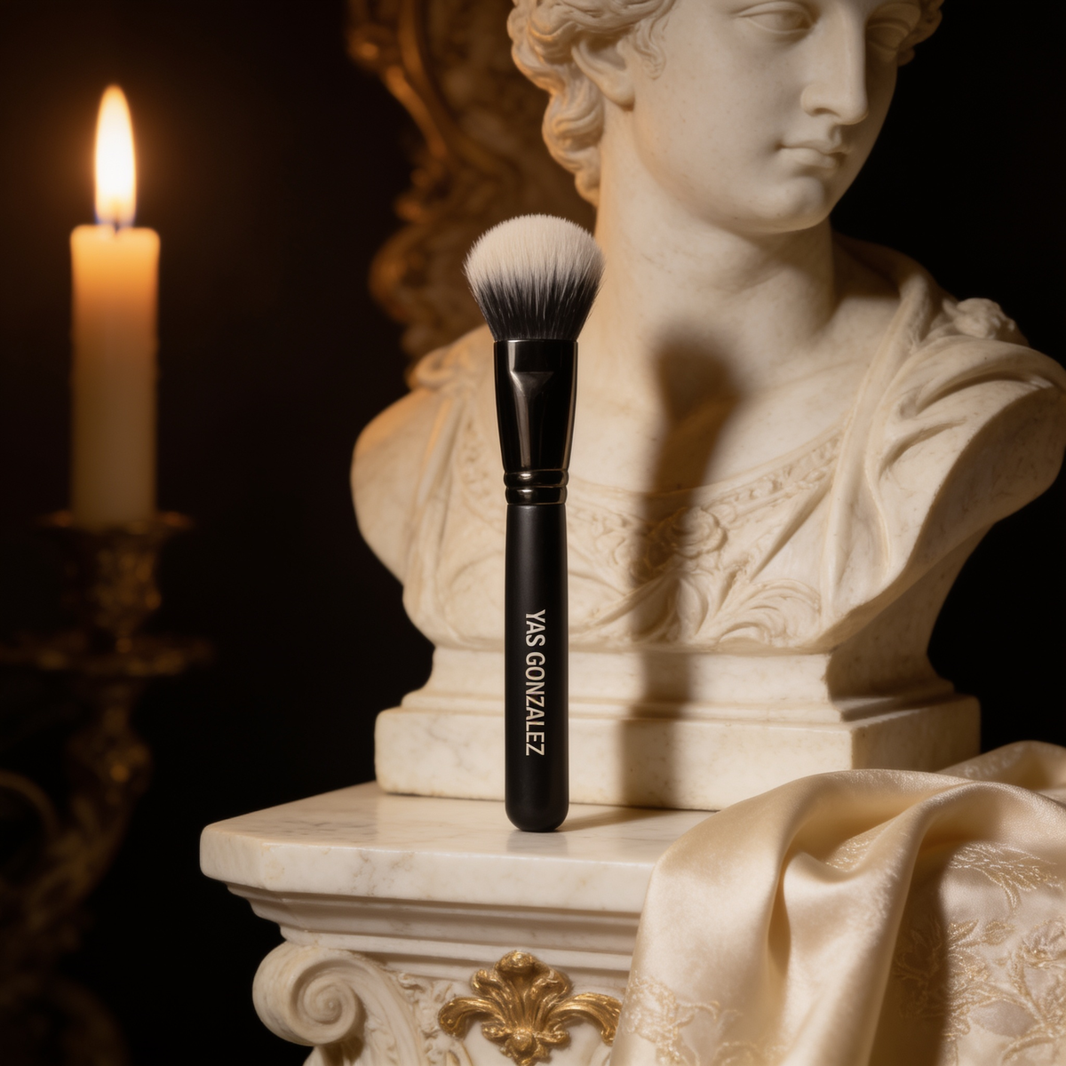 Cheek Fan Brush on an ivory marble plinth in Baroque candlelight