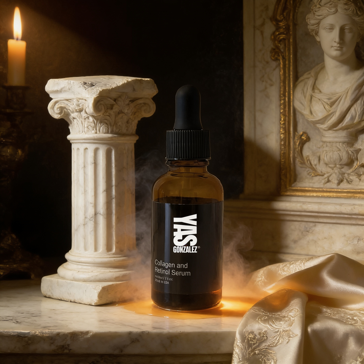 Collagen and Retinol Serum beside a marble column fragment