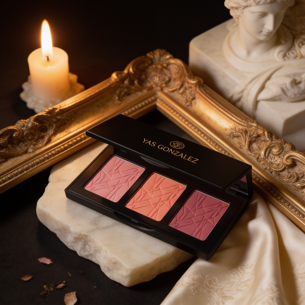 Blush Palette on an alabaster slab beside a gilded frame corner