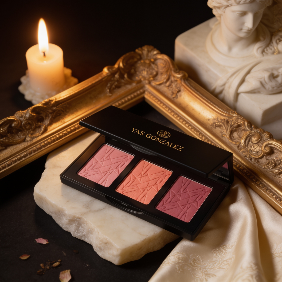 Blush Palette on an alabaster slab beside a gilded frame corner