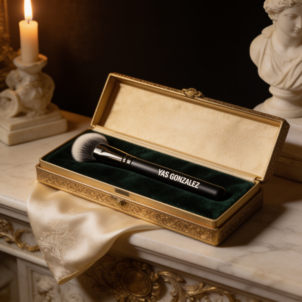 Cheek Fan Brush in a gilded presentation box on green velvet