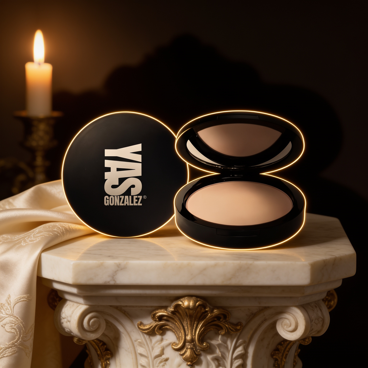 Dual Blend Powder Foundation on an ivory marble plinth in Baroque candlelight