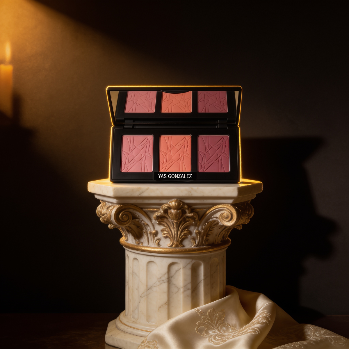 Blush Palette on an ivory marble plinth in Baroque candlelight