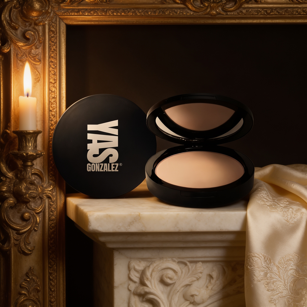 Dual Blend Powder Foundation on an alabaster slab beside a gilded frame corner