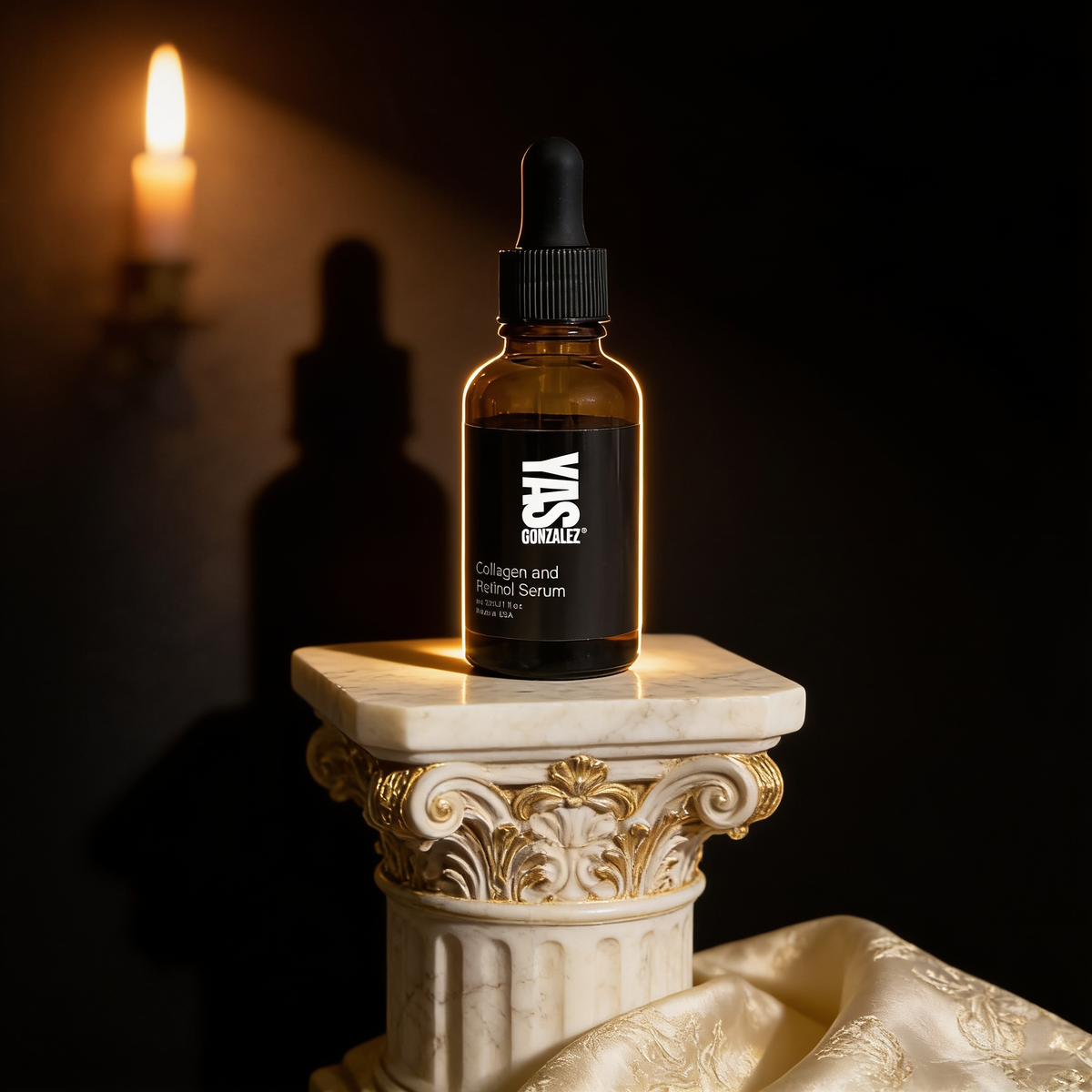 Collagen and Retinol Serum on an ivory marble plinth in Baroque candlelight