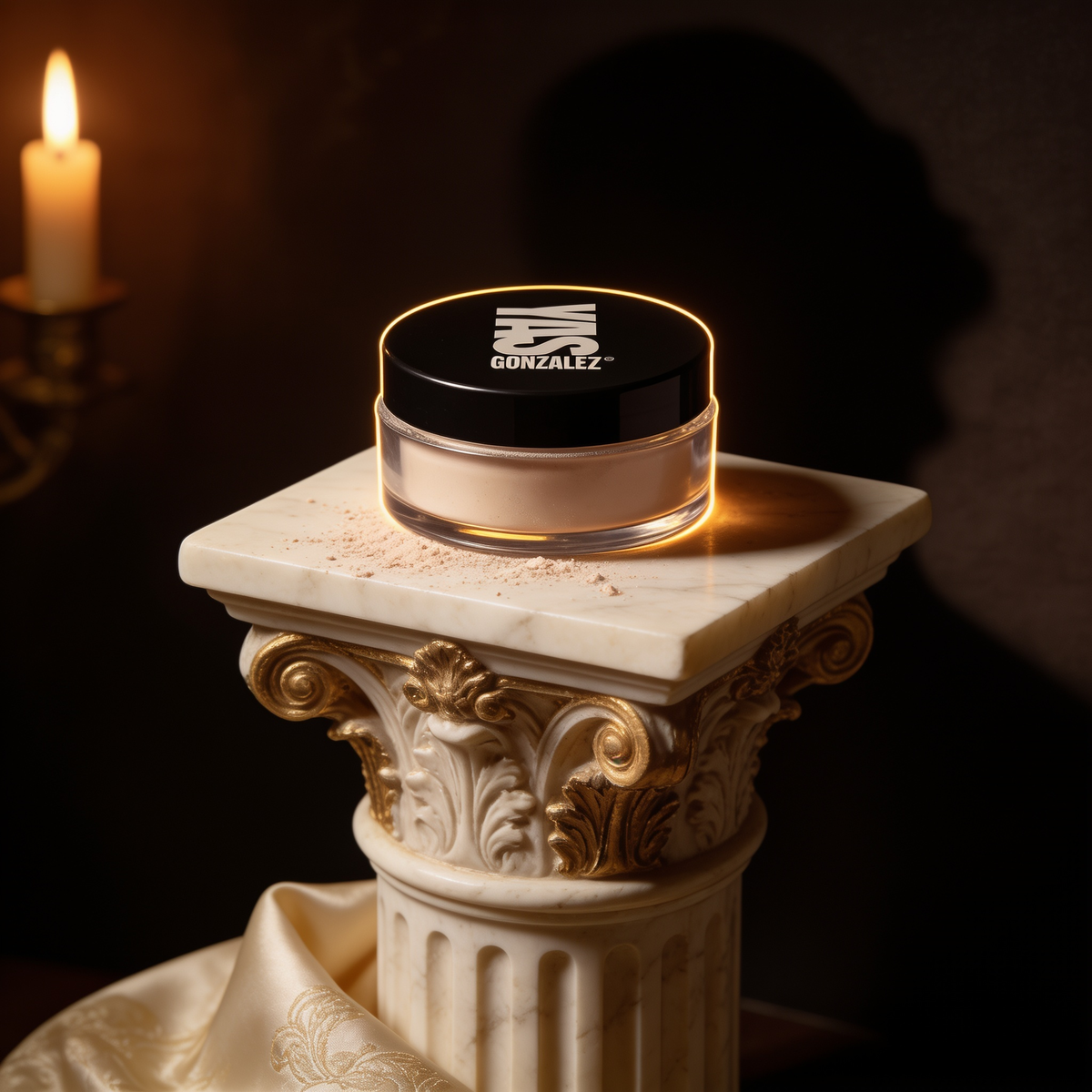 Finishing Powder on an ivory marble plinth in Baroque candlelight