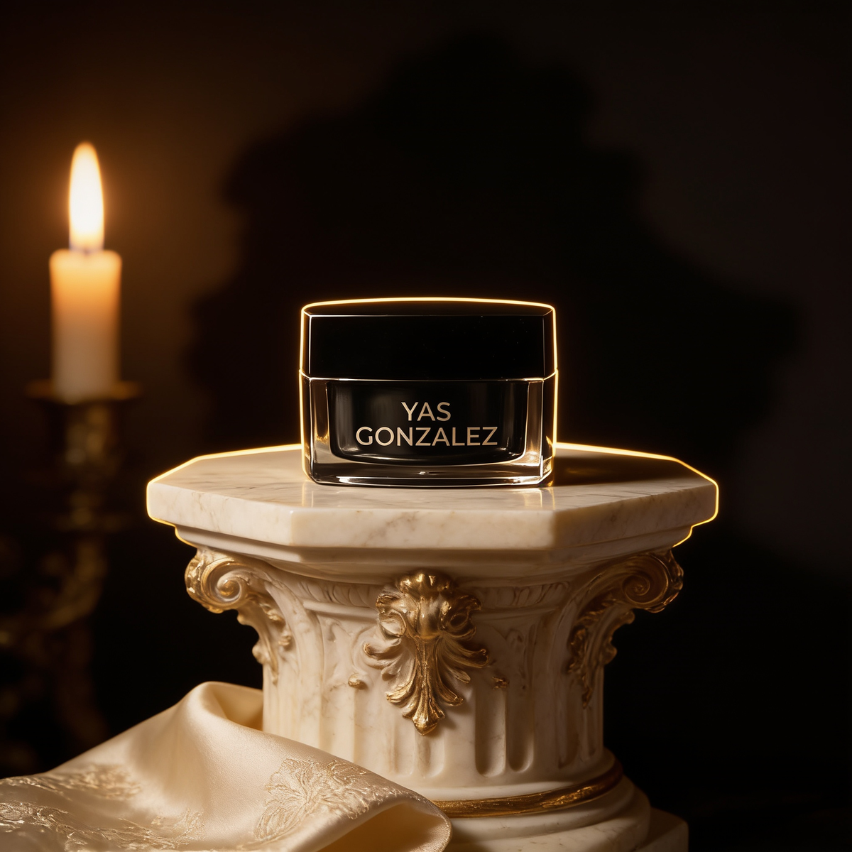 Hyaluronic Moisturizer on an ivory marble plinth in Baroque candlelight