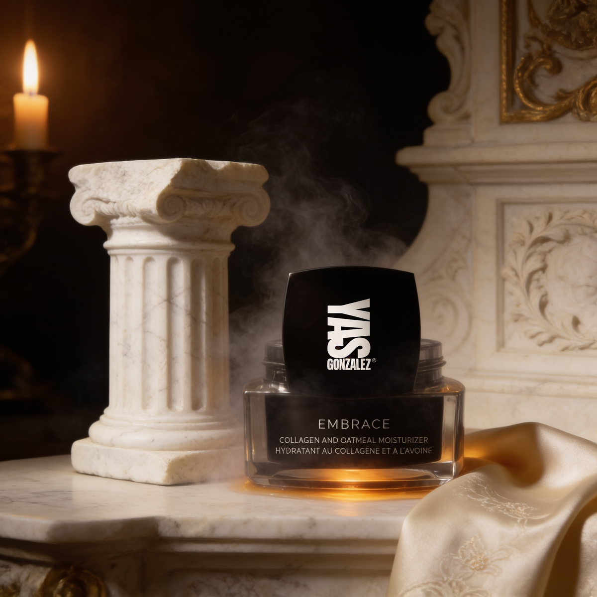 Embrace Collagen Moisturizer beside a marble column fragment