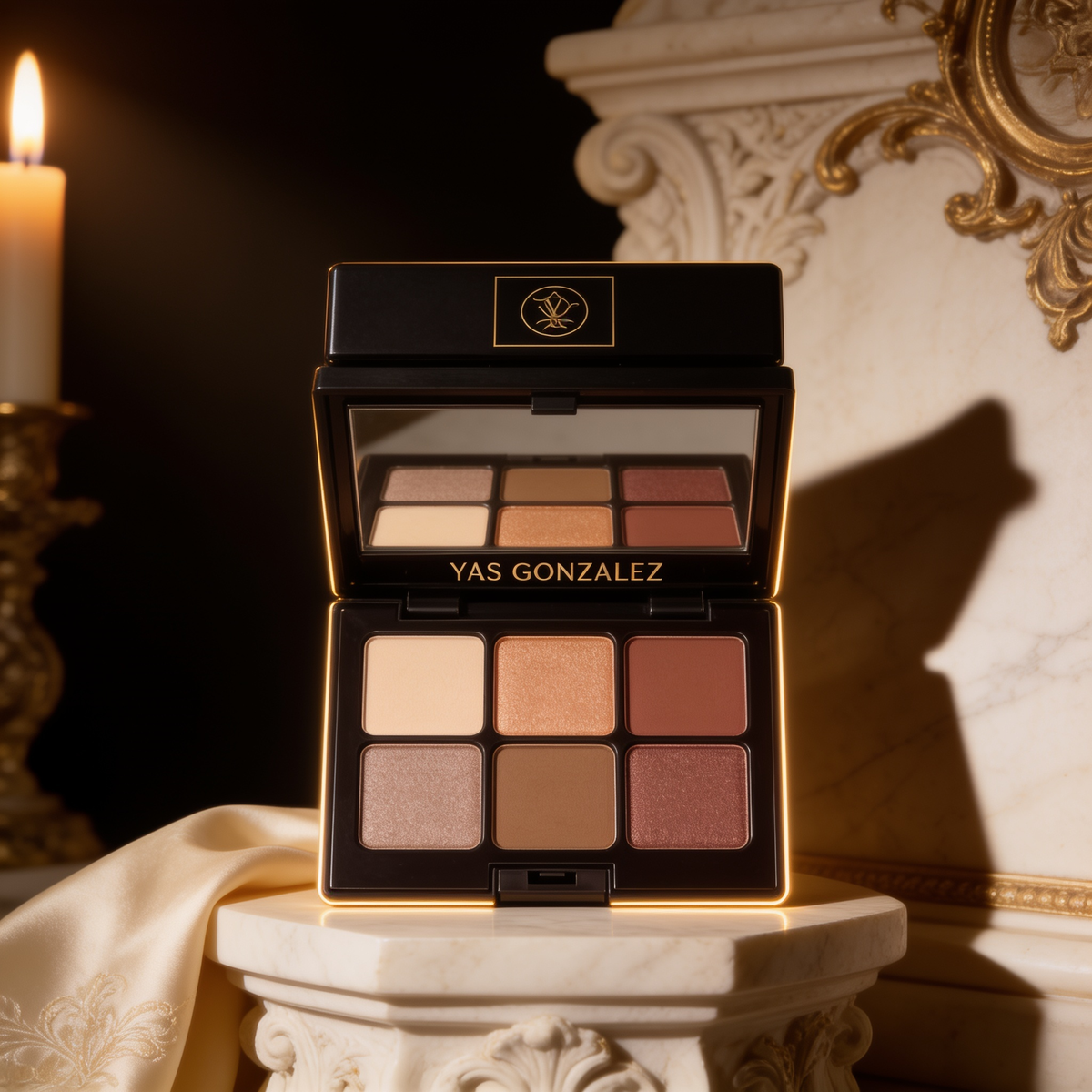 Eyeshadow Palette on an ivory marble plinth in Baroque candlelight