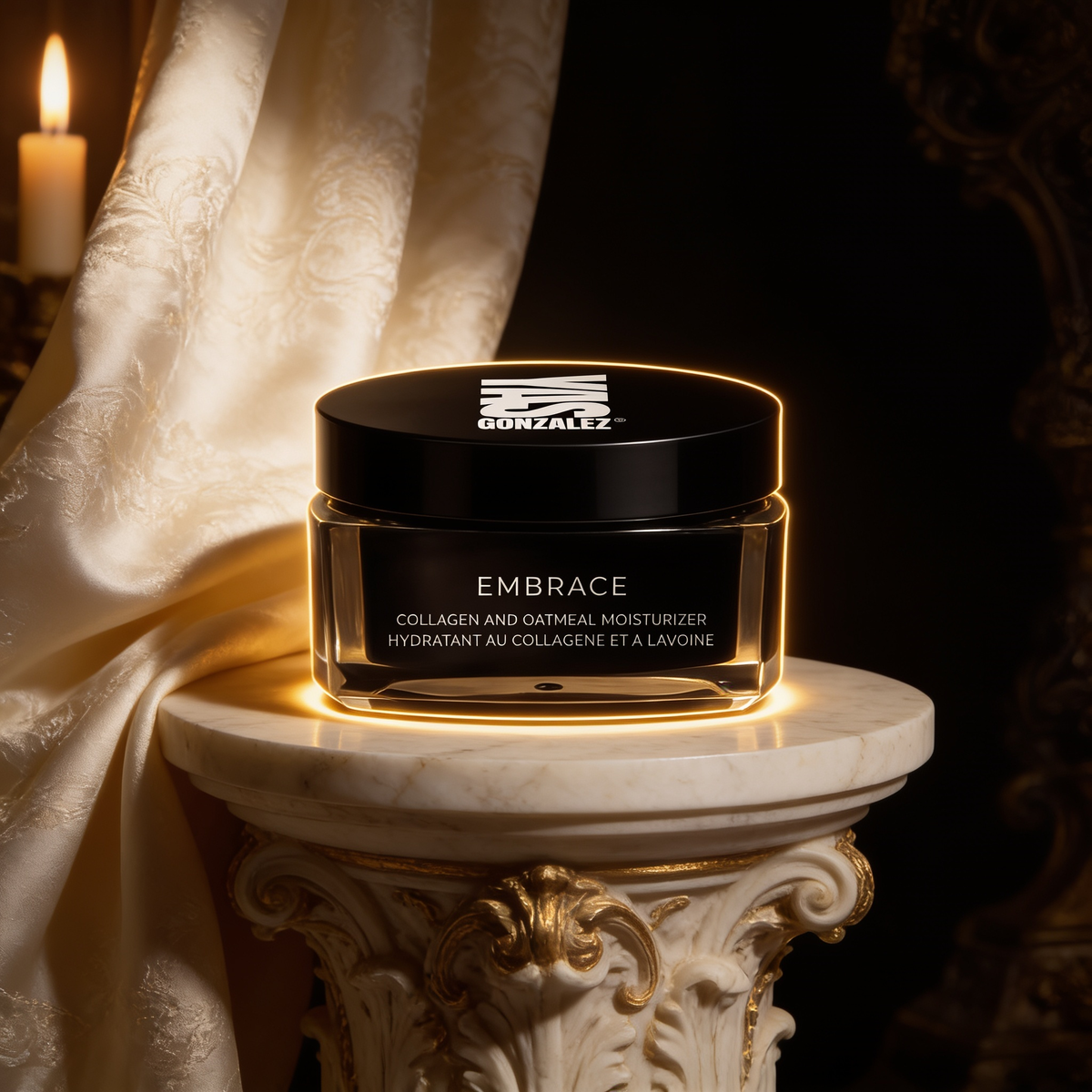 Embrace Collagen Moisturizer on an ivory marble plinth in Baroque candlelight