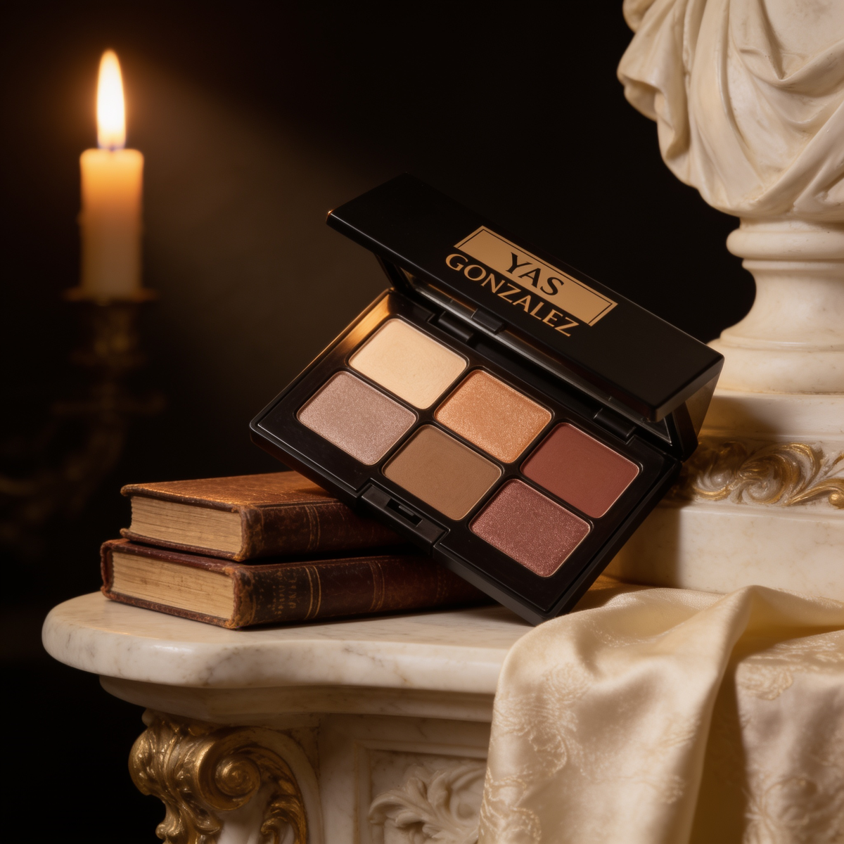 Eyeshadow Palette resting on antique leather books
