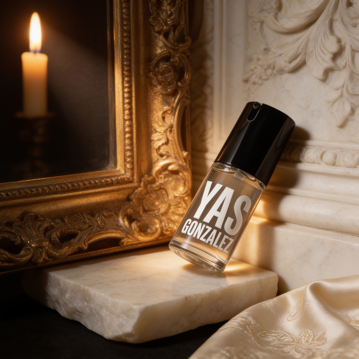Mattifying Face Primer on an alabaster slab beside a gilded frame corner