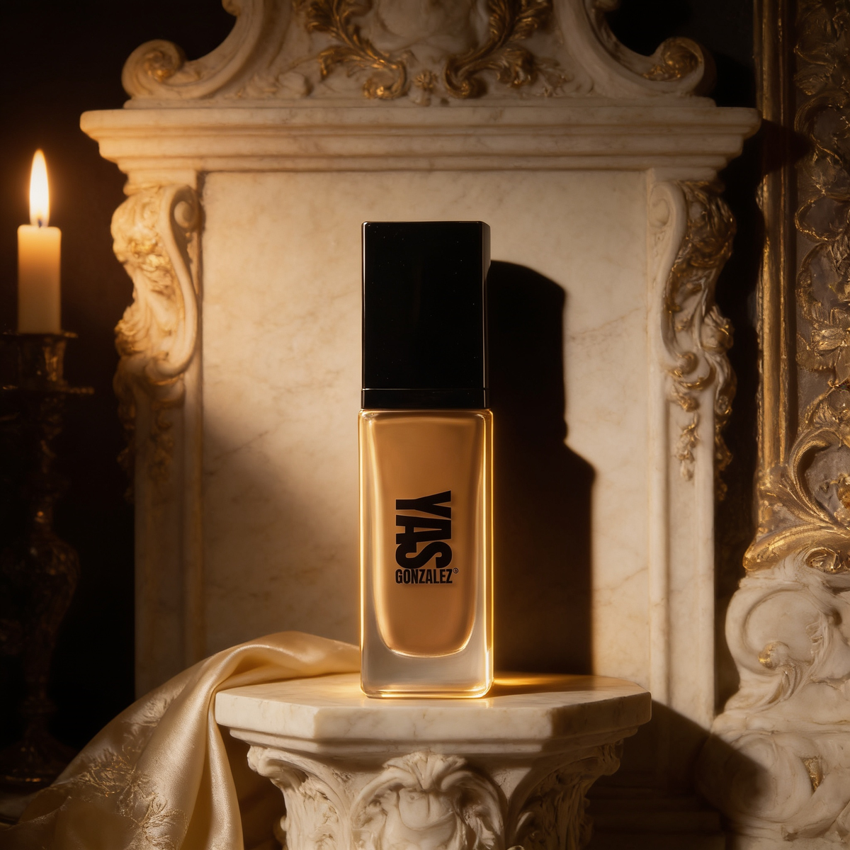 Liquid Foundation on an ivory marble plinth in Baroque candlelight