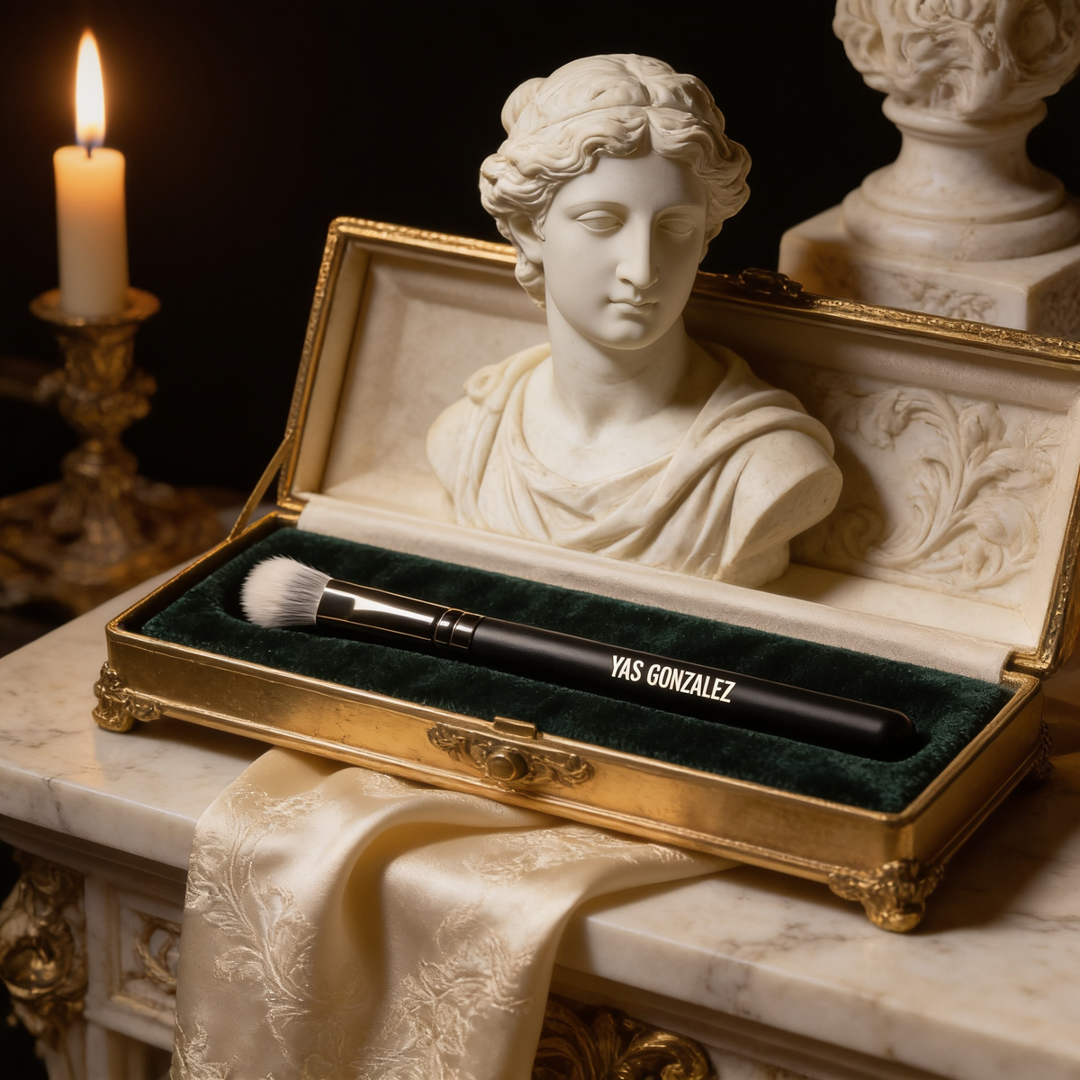 Mini Crease Brush in a gilded presentation box on green velvet