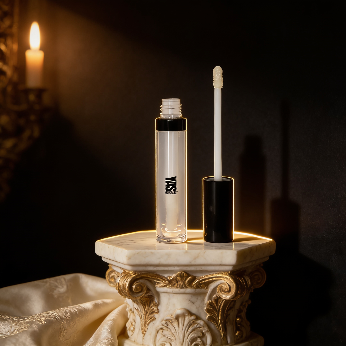 Lip Plumper on an ivory marble plinth in Baroque candlelight